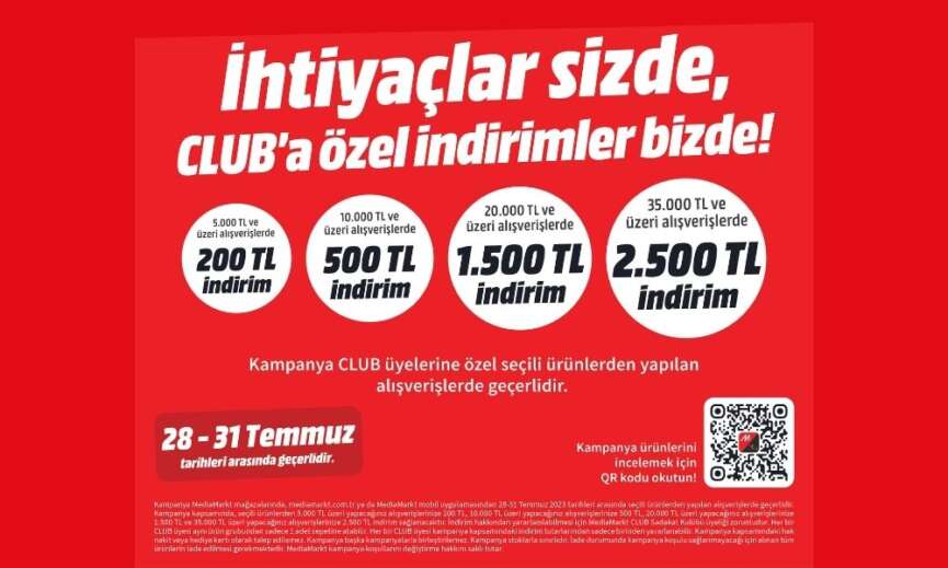 MediaMarkttan CLUB uyelerine ozel 2.500 TLye varan indirim