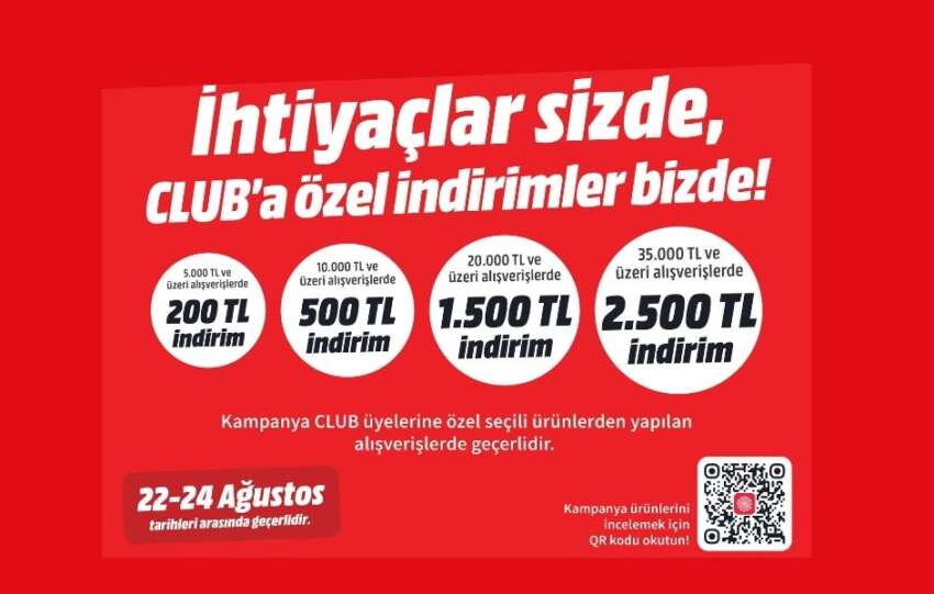 MediaMarkttan CLUB uyelerine ozel 2.500 TLye varan indirim