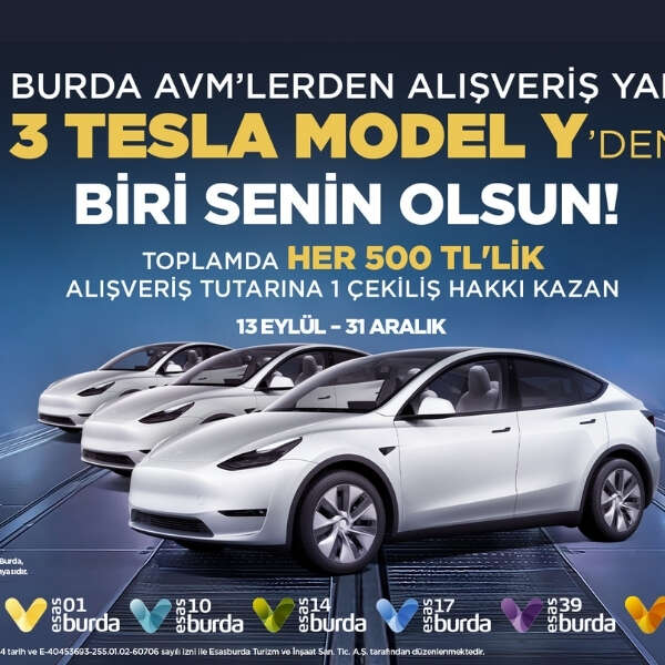 Burda AVM’ler, ziyaretçilerine 3 Adet “Tesla Model Y” kazanma şansı sunuyor
