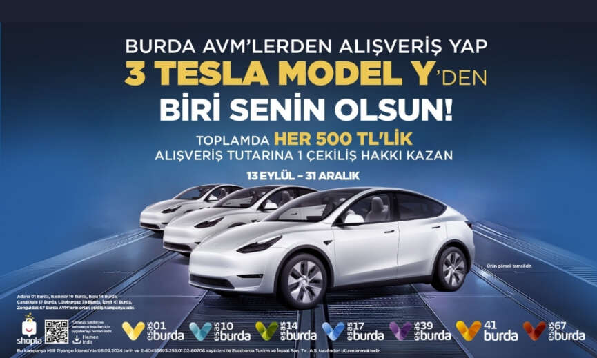 Burda AVMler ziyaretcilerine 3 Adet Tesla Model Y kazanma sansi sunuyor