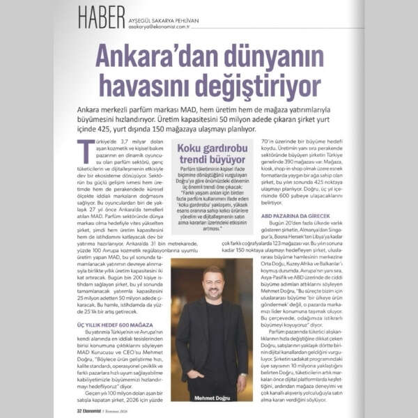Sevda Özsönmez 10 MAD Parfumeur’ün Üretim ve Büyüme Vizyonu Ekonomist Dergisinde Yer Aldı